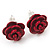 Tiny Red 'Rose' Stud Earrings In Silver Tone Metal - 10mm Diameter - view 5