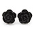 Tiny Black 'Rose' Stud Earrings In Silver Tone Metal - 10mm Diameter