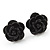 Tiny Black 'Rose' Stud Earrings In Silver Tone Metal - 10mm Diameter - view 3