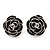 Small Black Enamel Rose Stud Earrings In Rhodium Plated Metal - 15mm Diameter