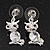 Small Clear Crystal Cute 'Owl' Stud Drop Earrings In Rhodium Plated Metal - 3cm Length