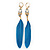 Funky Long Blue 'Owl' Feather Earrings In Gold Plating - 12cm Length