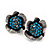 Teal Crystal Textured Flower Stud Earrings In Burn Silver Finish - 2cm Diameter - view 3