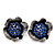Navy Blue Crystal Textured Flower Stud Earrings In Burn Silver Finish - 2cm Diameter - view 2