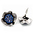 Navy Blue Crystal Textured Flower Stud Earrings In Burn Silver Finish - 2cm Diameter - view 4