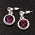 Round Purple/Clear Crystal Stud Earring In Silver Metal - 2.5cm Drop - view 2