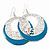 Silver Tone Teal Coloured Enamel Cut Out Hoop Earrings - 7.5cm Drop - view 2