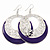 Silver Tone Purple Enamel Cut Out Hoop Earrings - 7.5cm Drop - view 2