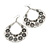 Large Teardrop Black/Grey Enamel Floral Hoop Earrings In Silver Finish - 8cm Length