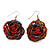 Red/Orange/Hematite Glass Bead Dimensional 'Rose' Drop Earrings In Silver Finish - 4.5cm Drop