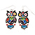 Funky Multicoloured Enamel Owl Drop Earrings In Silver Tone Metal - 4cm Length