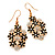 Black Enamel Clear Crystal Floral Drop Earrings In Gold Plating - 5cm Length - view 2