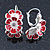 C-Shape White/ Red Enamel Floral Earrings In Silver Tone With Leverback Closure - 30mm L - view 5