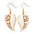 Gold Plated White Enamel Crystal & Simulated Pearl 'Leaf' Drop Earrings - 5cm Length