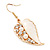 Gold Plated White Enamel Crystal & Simulated Pearl 'Leaf' Drop Earrings - 5cm Length - view 3