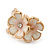C-Shape White/ Light Pink Enamel 'Floral' Stud Earrings In Gold Plating - 25mm Length - view 7