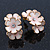C-Shape White/ Light Pink Enamel 'Floral' Stud Earrings In Gold Plating - 25mm Length - view 2