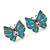 Small Light Blue Enamel Diamante Butterfly Stud Earrings In Silver Finish - 18mm Length - view 2