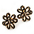 Black Enamel Dimensional Floral Stud Earrings In Gold Plated Metal - 2.5cm in diameter - view 3