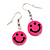 Children's Small Bright Pink 'Happy Face' Acrylic Drop Earrings In Silver Plating - 3cm Length