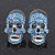 Small Dazzling Blue Crystal Skull Stud Earrings In Silver Plating - 2cm Length