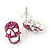 Small Dazzling Fuchsia Crystal Skull Stud Earrings In Silver Plating - 2cm Length - view 4