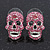 Small Dazzling Pink Crystal Skull Stud Earrings In Silver Plating - 2cm Length - view 2