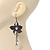Long Flower With Crystal Dangles Earrings In Gun Metal Finish - 9cm Length - view 2