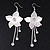 Long Flower With Crystal Dangles Earrings In Silver Plated Metal - 9cm Length