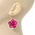 3D Deep Pink Diamante 'Rose' Drop Earrings In Silver Plating - 5cm Length - view 2