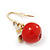 Small Red Resin 'Apple' Drop Earrings In Gold Plating - 2.8cm Length - view 3