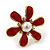 Red Enamel Simulated Pearl Flower Stud Earrings In Gold Plating - 2cm Diameter - view 2