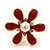 Red Enamel Simulated Pearl Flower Stud Earrings In Gold Plating - 2cm Diameter - view 3