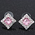 Light Pink/Clear Crystal Square Stud Earrings In Silver Plating - 15mm Diameter