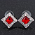 Red/Clear Crystal Square Stud Earrings In Silver Plating - 15mm Diameter