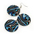Long Black/Blue Stripy Acrylic Disk Drop Earrings In Silver Plating - 9cm Drop - view 4