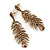 Long Champagne CZ 'Feather' Drop Earrings In Burn Gold Finish - 8cm Length - view 3