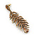 Long Champagne CZ 'Feather' Drop Earrings In Burn Gold Finish - 8cm Length - view 4