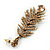 Long Champagne CZ 'Feather' Drop Earrings In Burn Gold Finish - 8cm Length - view 5