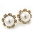 Classic Diamante Faux Pearl Flower Stud Earrings In Gold Plating - 18mm Diameter - view 7