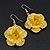 3D Bright Yellow Diamante 'Rose' Drop Earrings In Silver Plating - 5cm Length - view 3