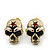 Small Skull With Red Stone Stud Earrings In Burn Gold Metal - 14mm Length - view 2
