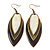 Vintage Milky White/Brown Enamel 'Leaf' Drop Earrings In Bronze Tone - 7cm Length