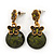 Delicate Olive Green Acrylic Bead Butterfly Drop Earrings In Antique Gold Metal - 4cm Length
