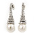 Bridal Clear Crystal Faux Pearl Drop Earrings In Silver Plating - 3.5cm Length