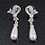 Clear Diamante Simulated Pearl Modern 'Bow' Drop Earrings In Rhodium Plating - 4.5cm Length