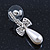Delicate Teen Crystal, Simulated Pearl 'Bow' Stud Earrings In Rhodium Plating - 3cm Length - view 3