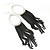 Rhodium Plated Hoop Earrings With Black Chains - 12cm Length