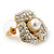 Prom Gold Plated Pave Set Clear Crystal Simulated Pearl 'Flower' Stud Earrings - 20mm Width - view 4