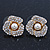 Prom Gold Plated Pave Set Clear Crystal Simulated Pearl 'Flower' Stud Earrings - 20mm Width - view 2